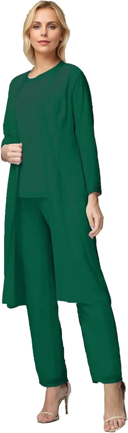 3 Pieces Long Sleeves Mother of The Bride Pants Suits with Jacket Chiffon Formal Evening Dress