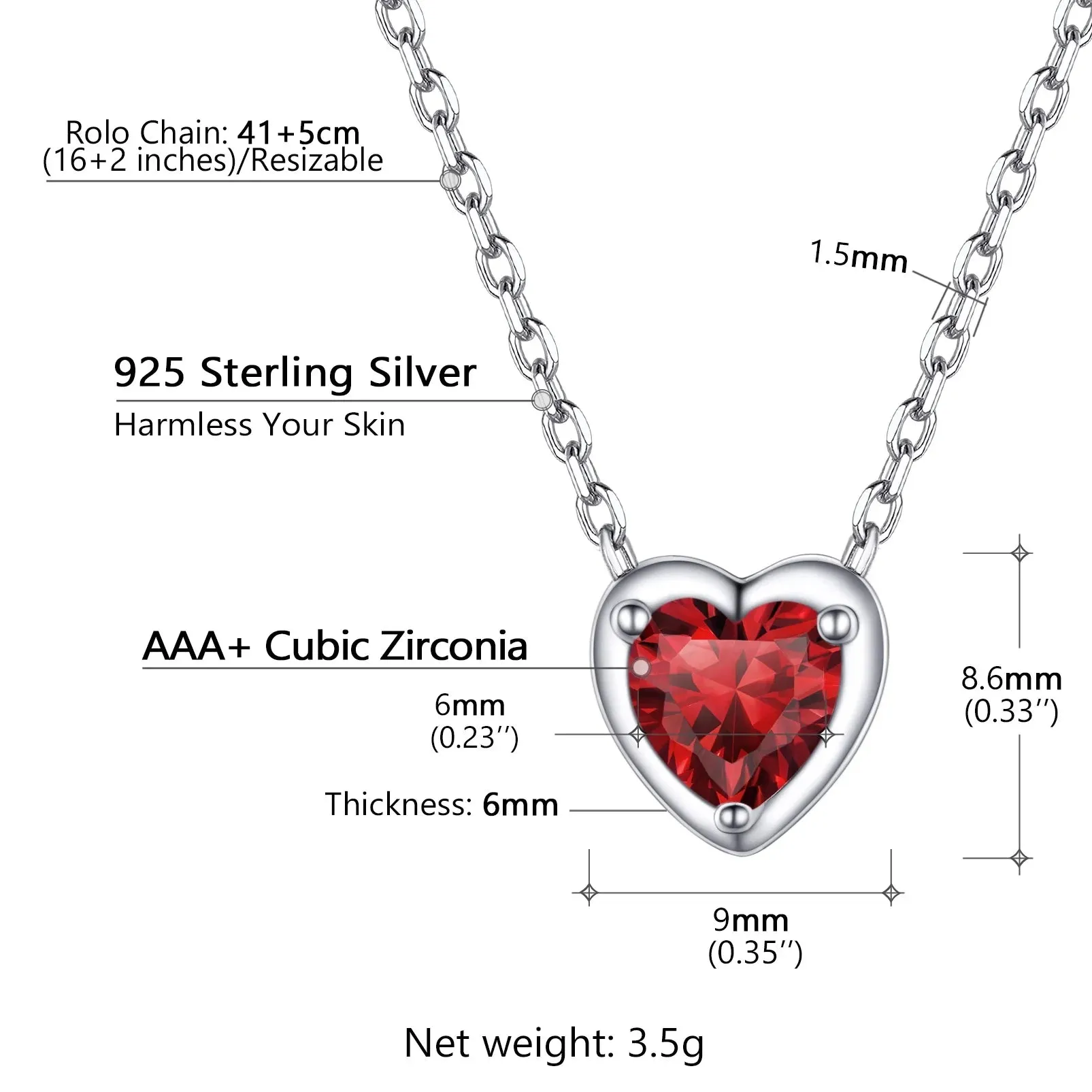 925 Sterling Silver Birthstone Love Heart Necklace - Perfect Birthday & Valentine's Gift for Her