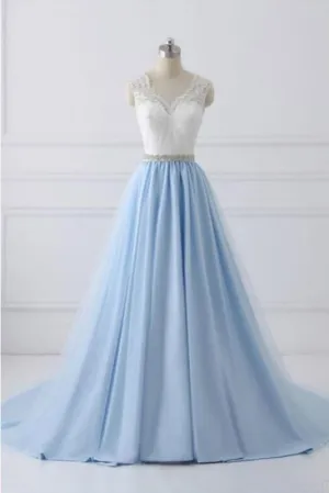 A Line V-neck Lace Appliques Bodice Long Dresses Elegant Prom Dress with Beads