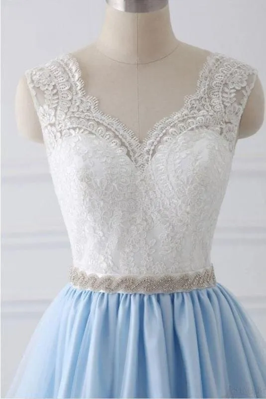 A Line V-neck Lace Appliques Bodice Long Dresses Elegant Prom Dress with Beads
