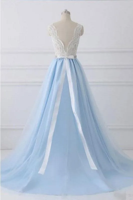 A Line V-neck Lace Appliques Bodice Long Dresses Elegant Prom Dress with Beads