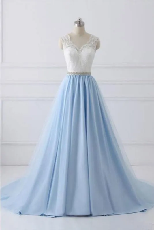 A Line V-neck Lace Appliques Bodice Long Dresses Elegant Prom Dress with Beads