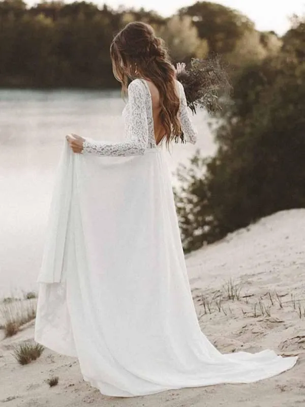 A-Line V Neck Open Back Lace Wedding Dresses