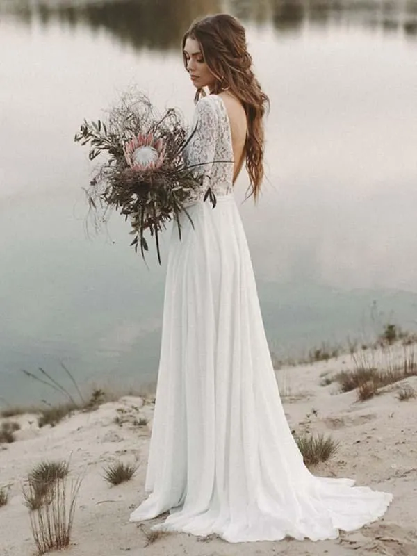 A-Line V Neck Open Back Lace Wedding Dresses