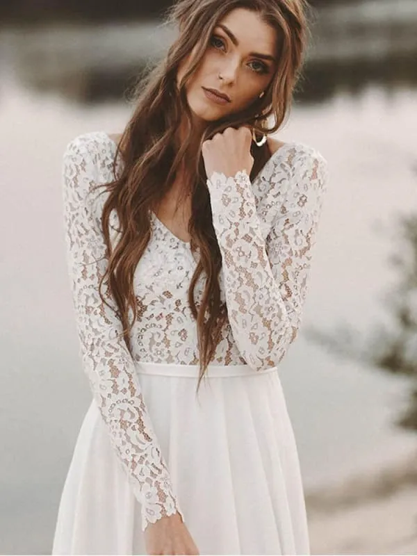 A-Line V Neck Open Back Lace Wedding Dresses