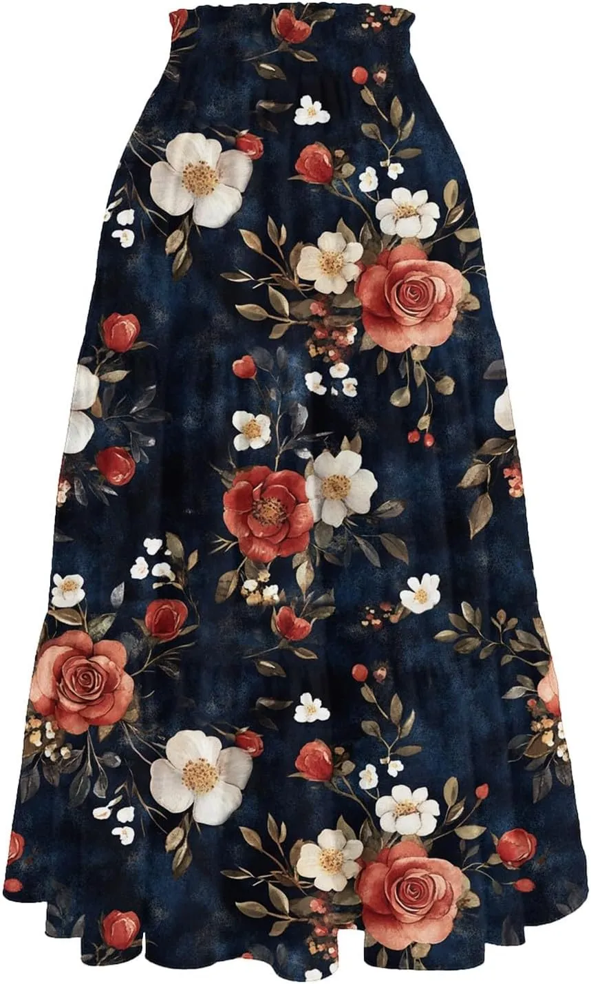 ADHOWBEW Floral Maxi Skirt for Women Trendy Flowy Sexy Elastic Waist High Waist Cotton Bohemian Skirts