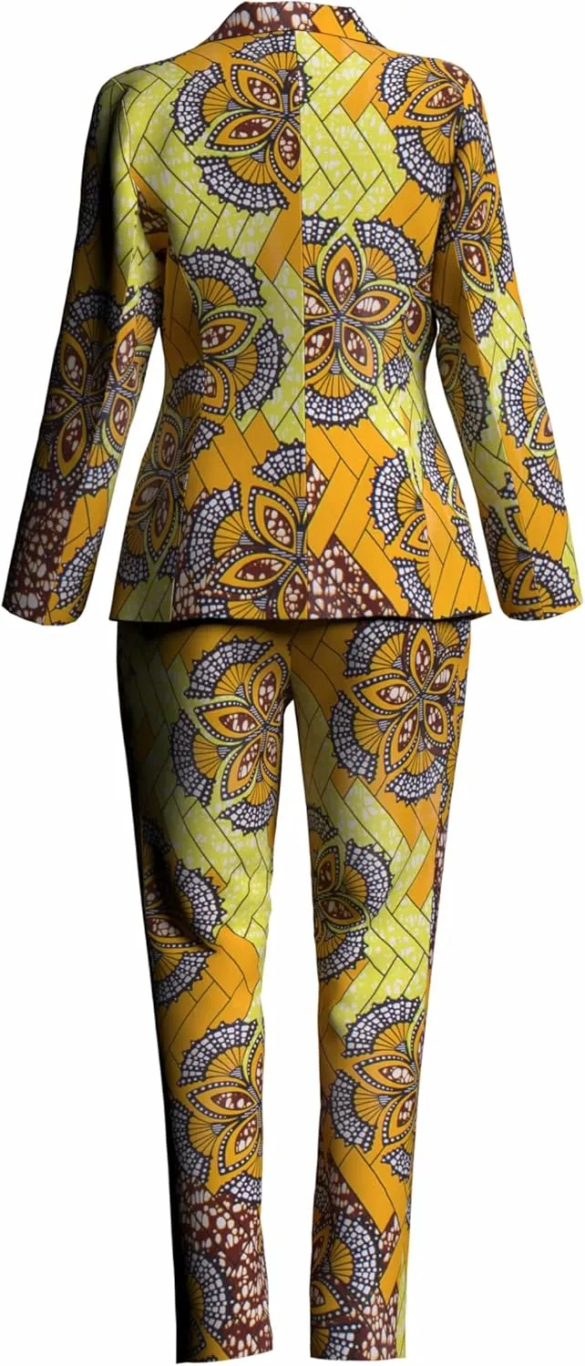 African Clothes for Women African Print Coat Kente Top and Pants Blazer Suit Sets with Hat
