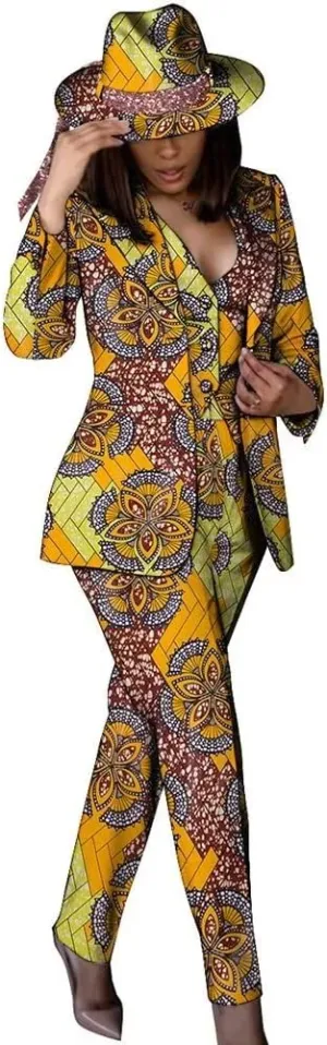 African Clothes for Women African Print Coat Kente Top and Pants Blazer Suit Sets with Hat
