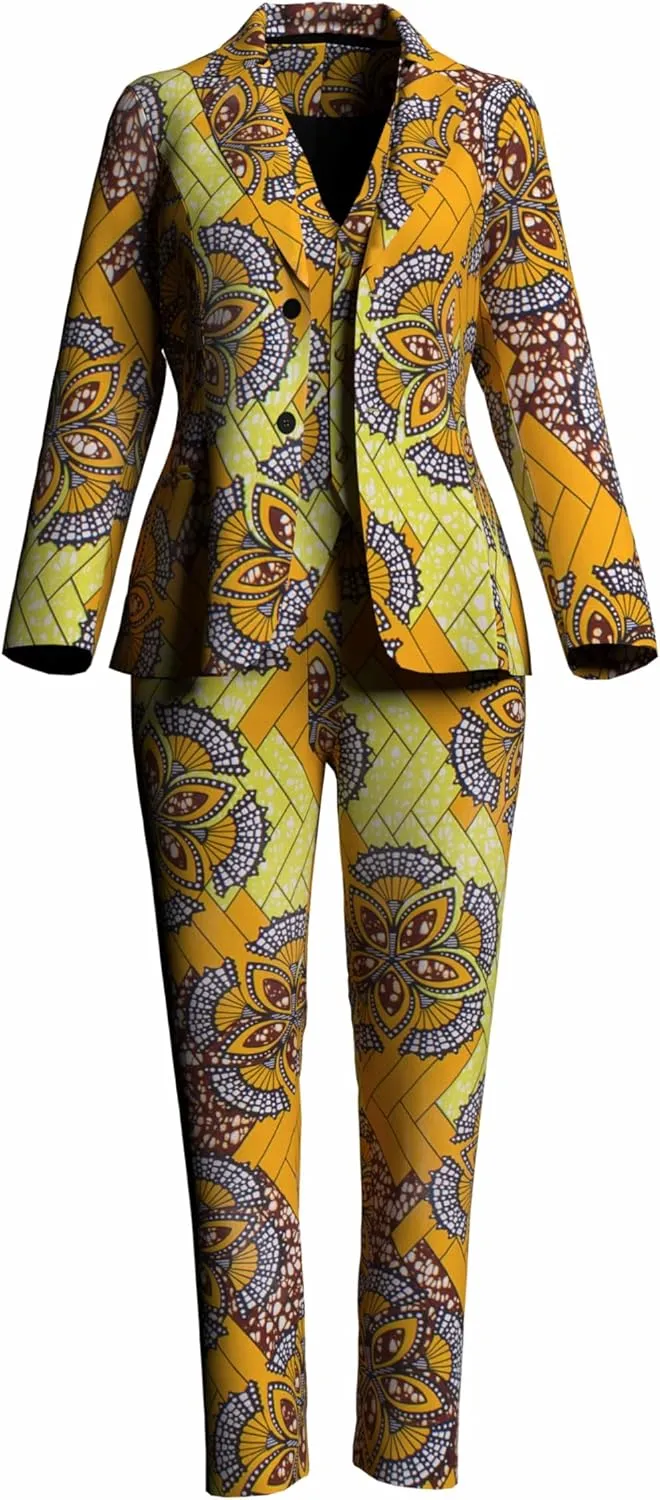 African Clothes for Women African Print Coat Kente Top and Pants Blazer Suit Sets with Hat