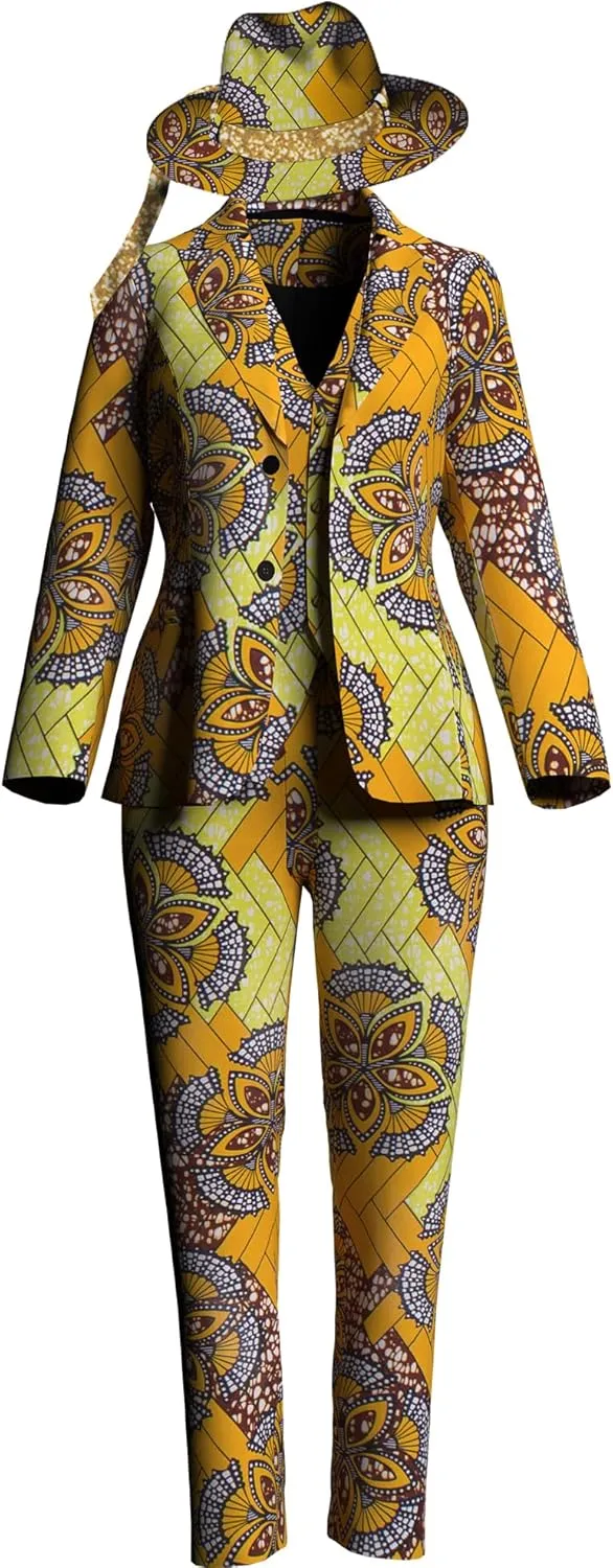 African Clothes for Women African Print Coat Kente Top and Pants Blazer Suit Sets with Hat