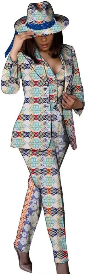 African Clothes for Women African Print Coat Kente Top and Pants Blazer Suit Sets with Hat