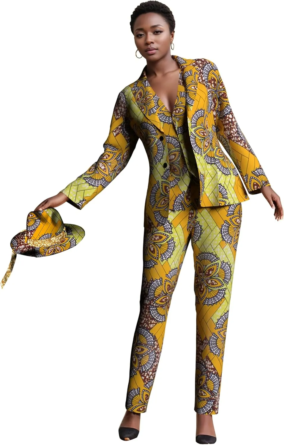 African Clothes for Women African Print Coat Kente Top and Pants Blazer Suit Sets with Hat