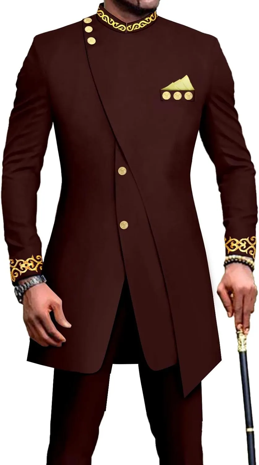 African Suits for Men Slim Fit Embroidery Blazer and Pants Set Business Dress Suit Party Wedding Evening