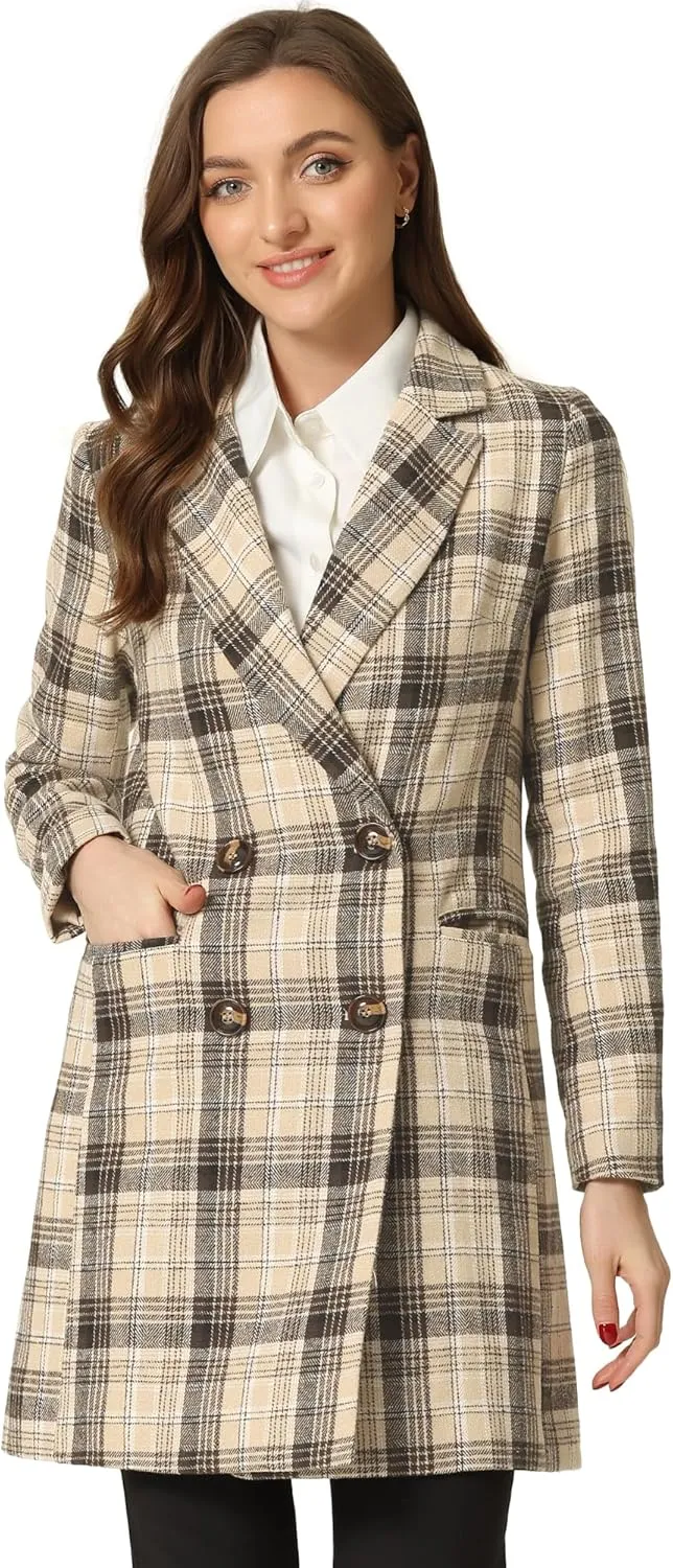 Allegra K Women's Double Breasted Notched Lapel Plaid Trench Blazer Coat