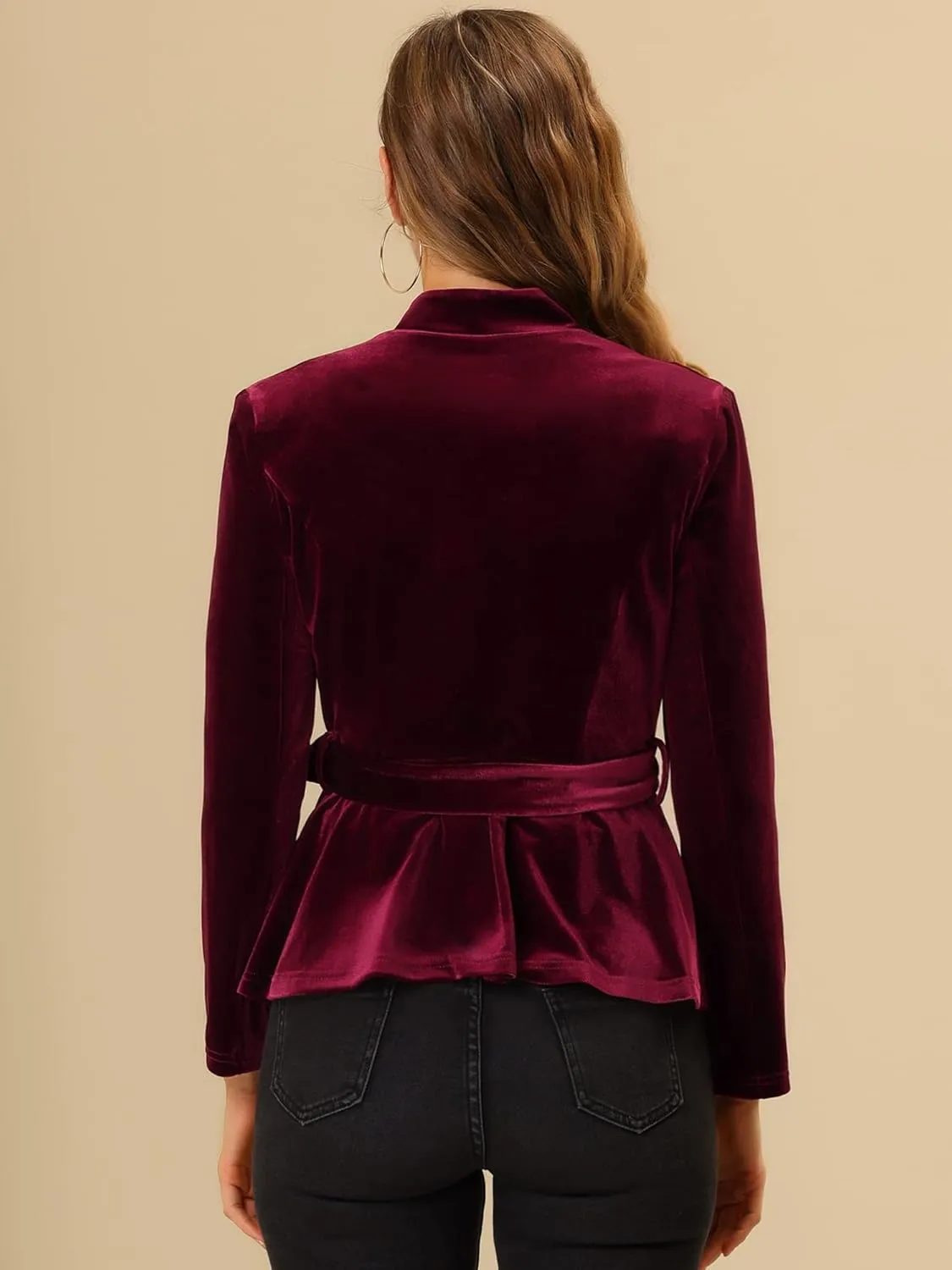 Allegra K Women's Work Office Velvet Belted Lapel Collar Blazer Jacket