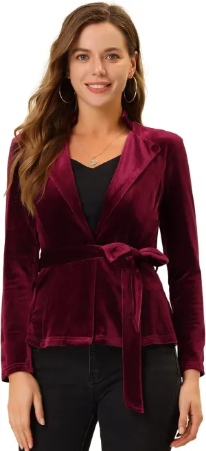 Allegra K Women's Work Office Velvet Belted Lapel Collar Blazer Jacket