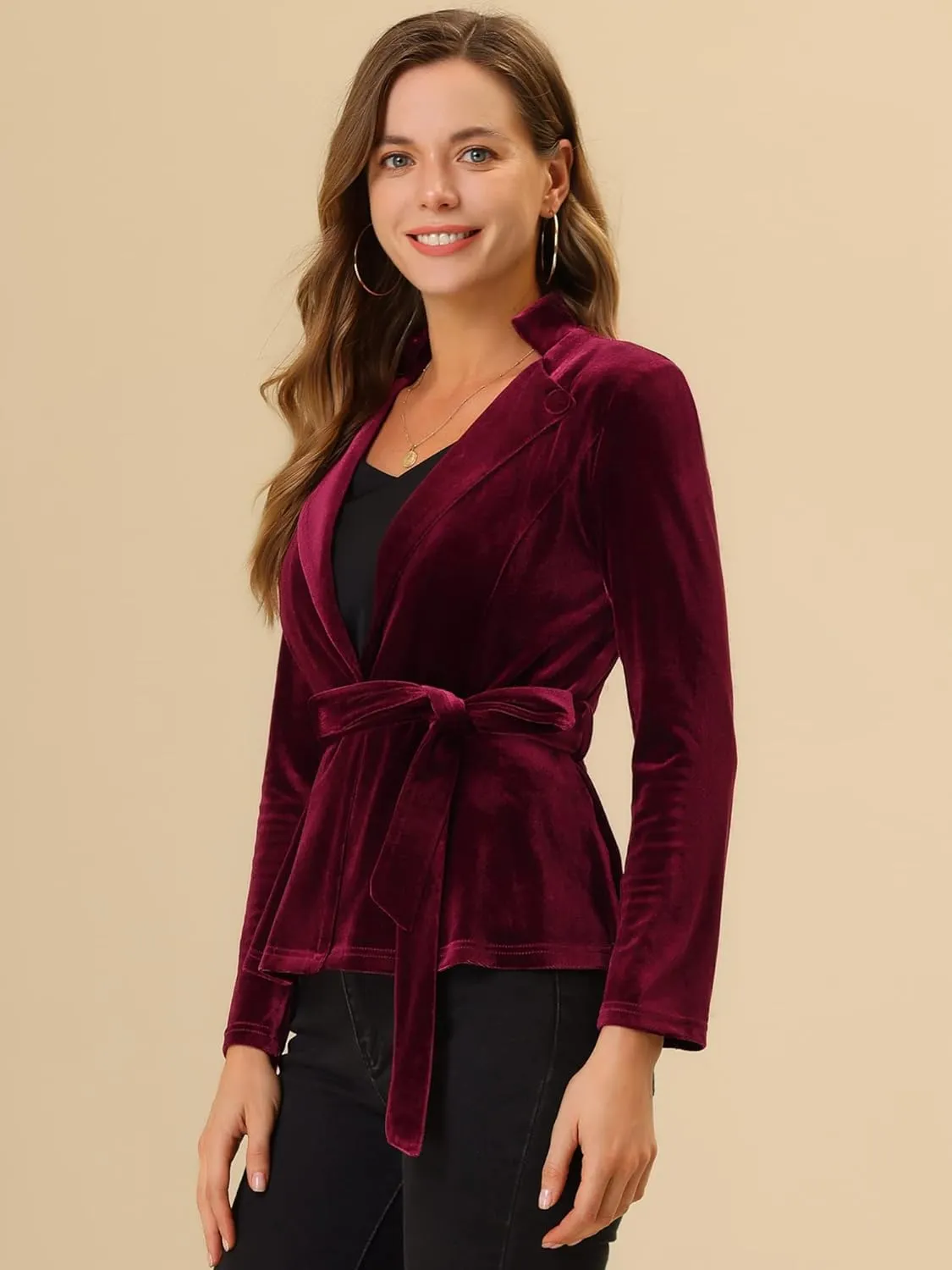 Allegra K Women's Work Office Velvet Belted Lapel Collar Blazer Jacket