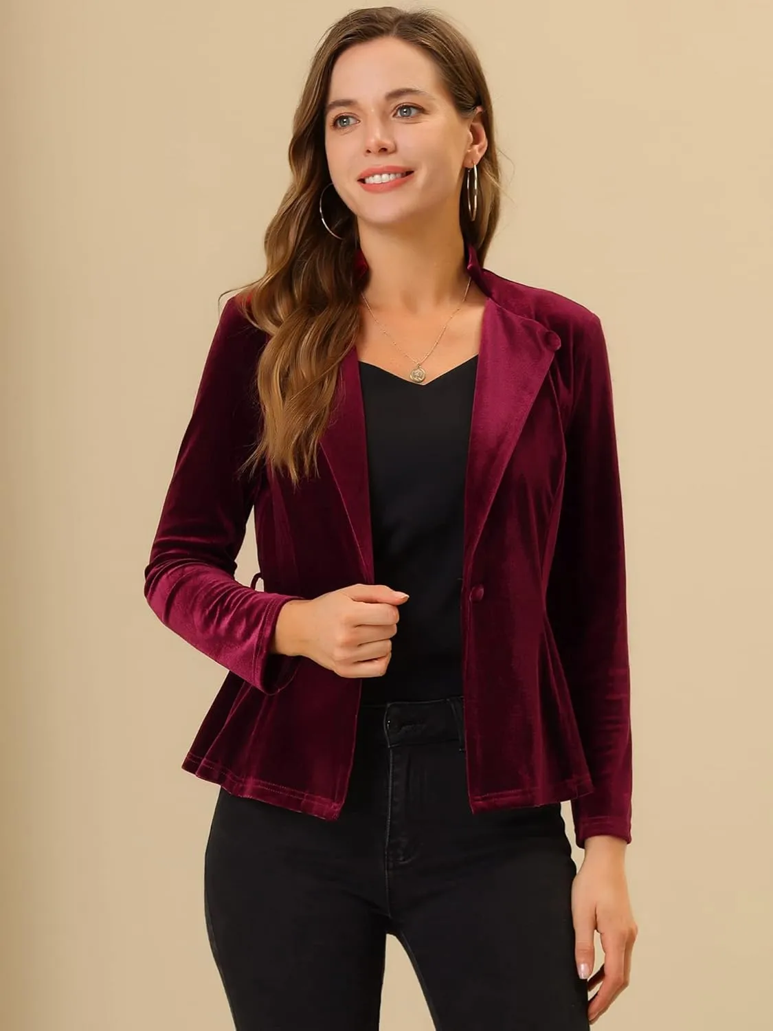 Allegra K Women's Work Office Velvet Belted Lapel Collar Blazer Jacket