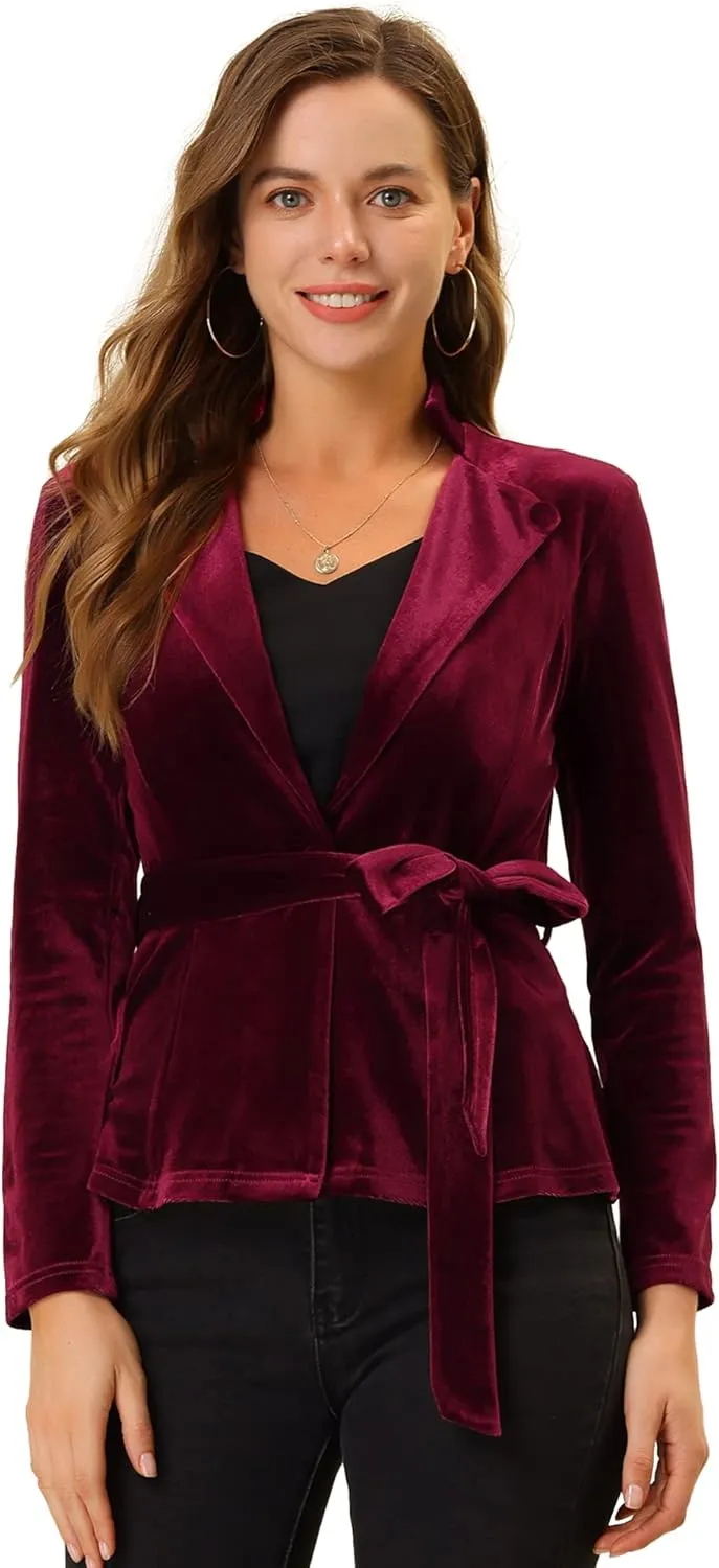 Allegra K Women's Work Office Velvet Belted Lapel Collar Blazer Jacket