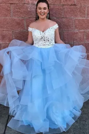 Amazing Elegant Two Piece Off-the-Shoulder Tiered Blue Tulle Long Prom Dress with Lace
