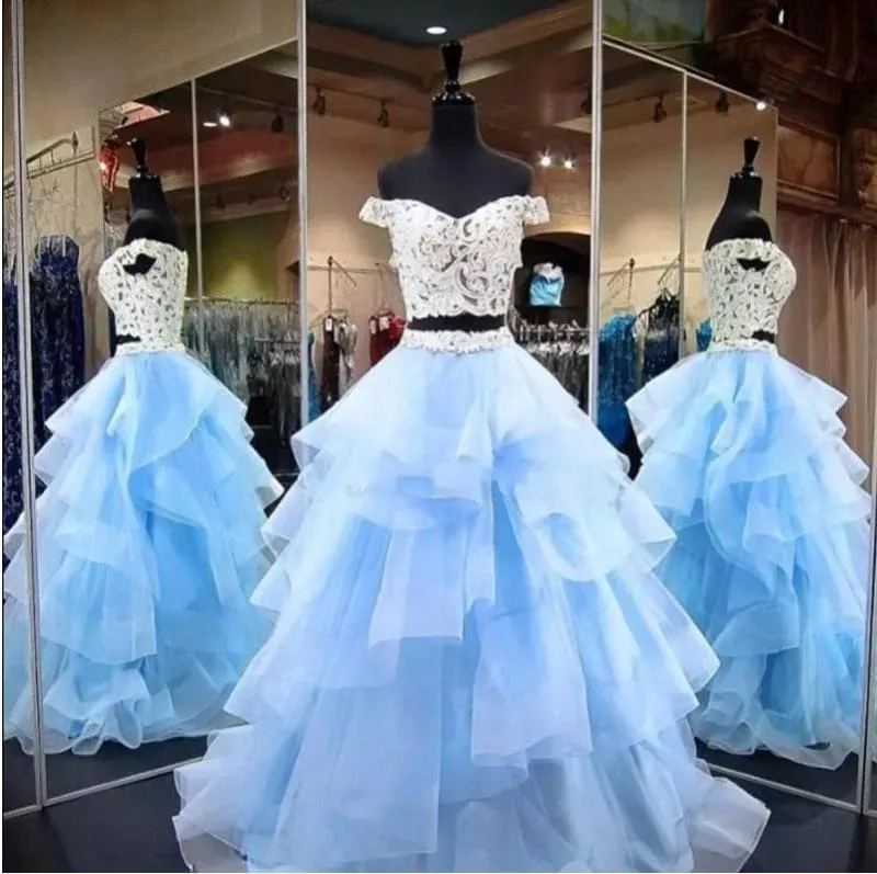 Amazing Elegant Two Piece Off-the-Shoulder Tiered Blue Tulle Long Prom Dress with Lace