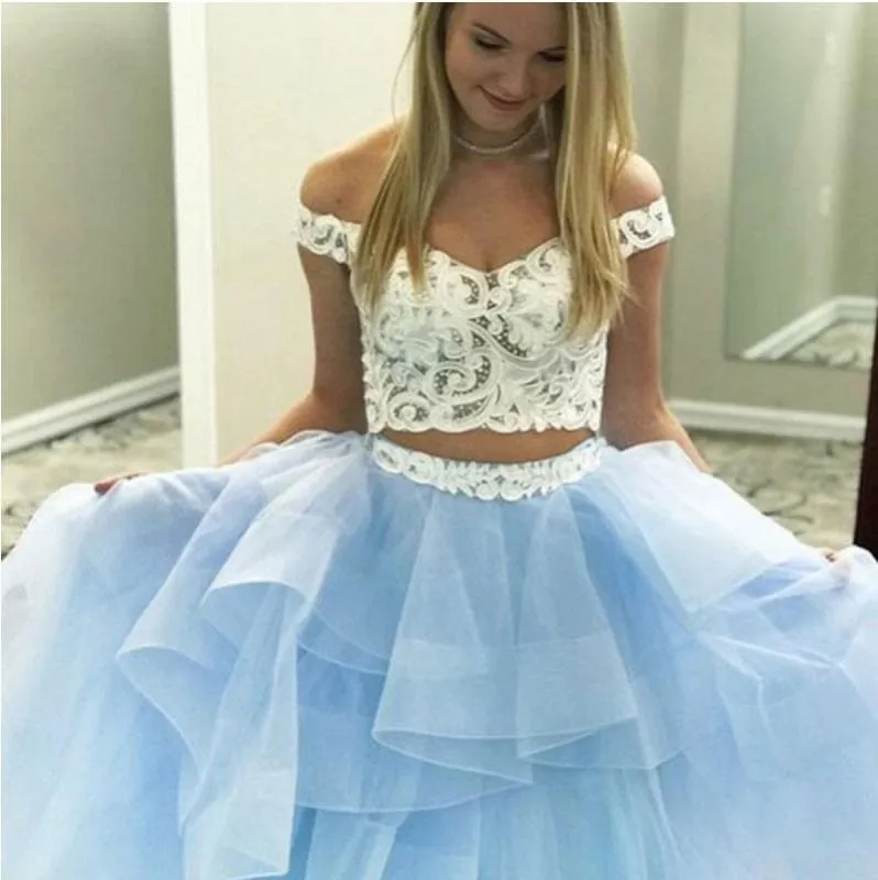 Amazing Elegant Two Piece Off-the-Shoulder Tiered Blue Tulle Long Prom Dress with Lace