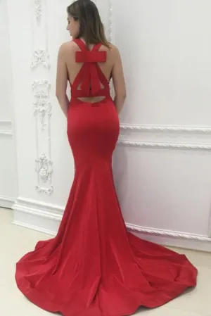 Amazing Eye-catching Elegant Unique Back Design Red V-neck Sleeveless Mermaid Sweep Train Prom Dresses