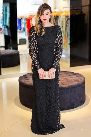 Amazing Latest Modest Elegant Black Long Sleeves Backless Floor-length Bateau Lace Plus Size Prom Dress
