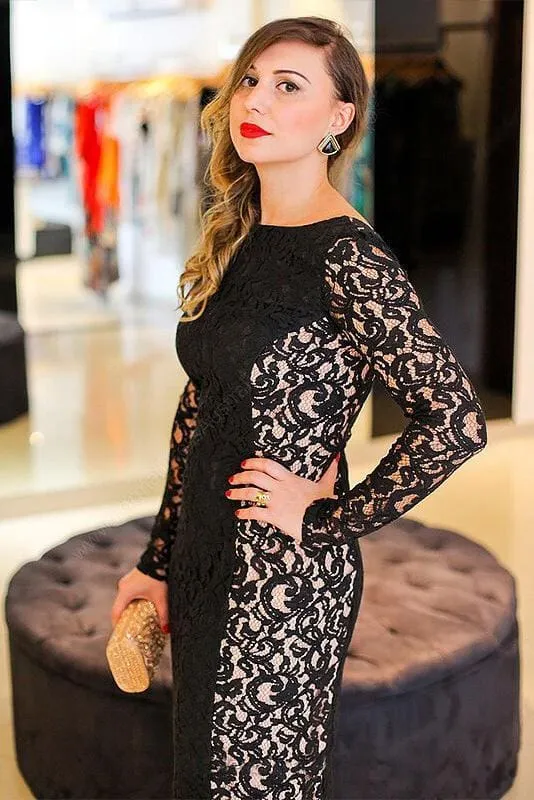 Amazing Latest Modest Elegant Black Long Sleeves Backless Floor-length Bateau Lace Plus Size Prom Dress