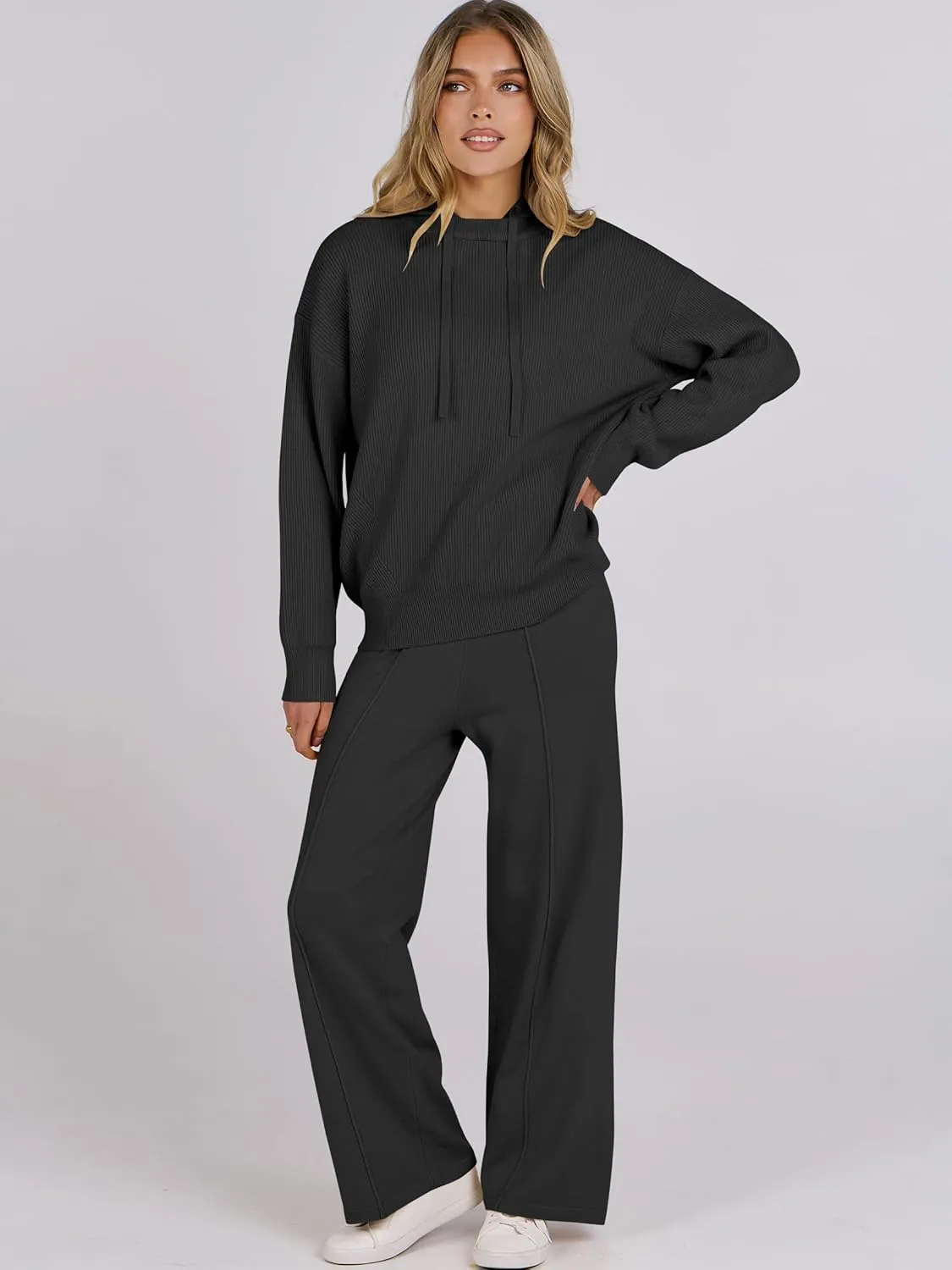 ANRABESS Women 2 Piece Outfits Sweater Sets Loose Long Sleeve Hoodies Knit Pullover Wide Leg Pants 2025 Fall Lounge Sweatsuit