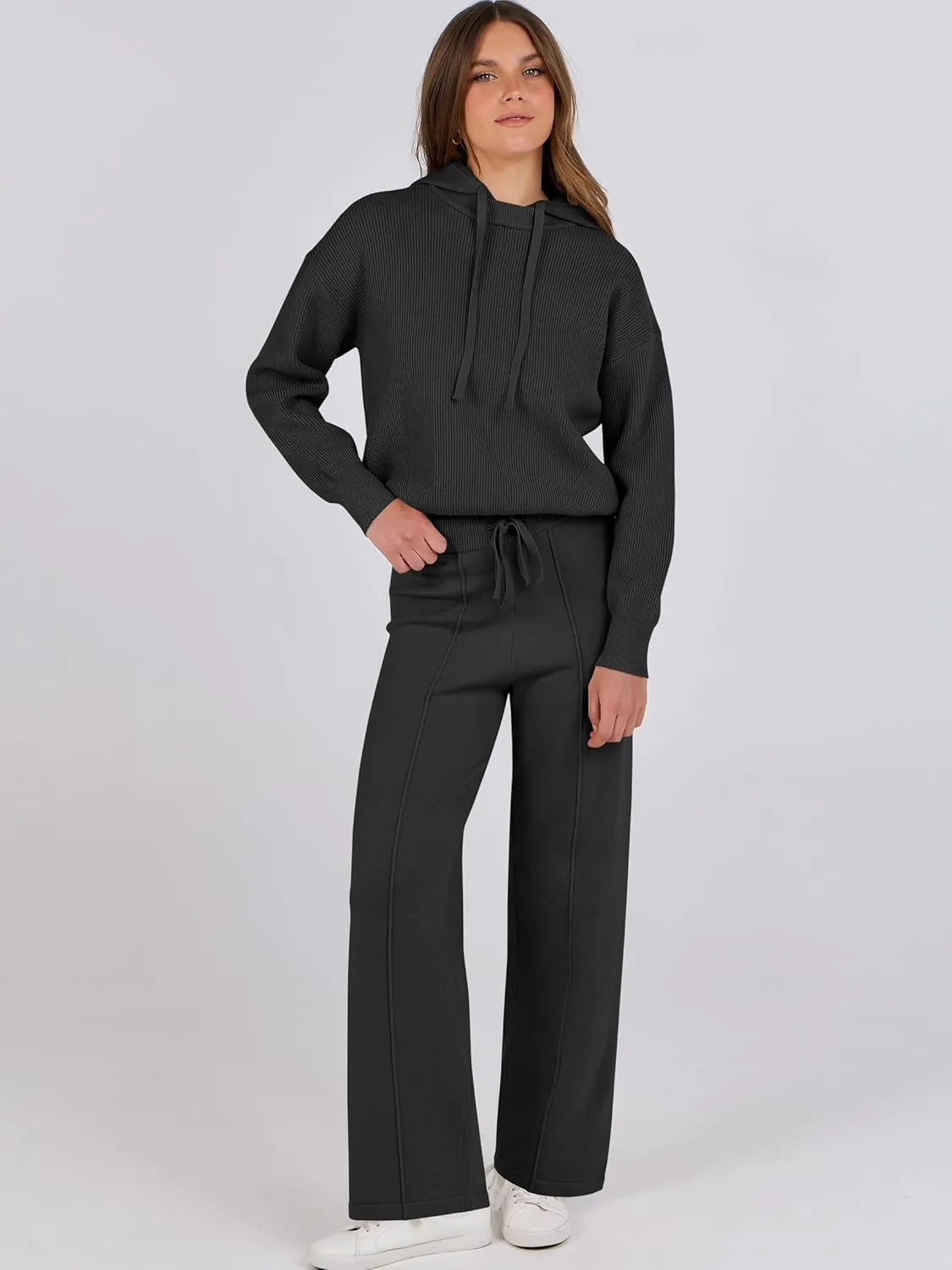 ANRABESS Women 2 Piece Outfits Sweater Sets Loose Long Sleeve Hoodies Knit Pullover Wide Leg Pants 2025 Fall Lounge Sweatsuit