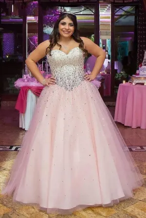 Attractive Elegant Amazing Pink Sweetheart Ball Gown Sleeveless Floor-length Tulle Formal Dress with Rhinestone