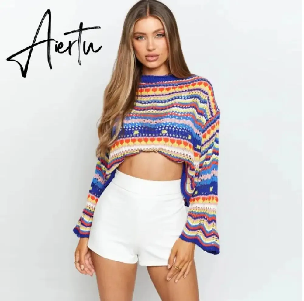 Autumn Winter Color Block Striped Sweaters Women Loose Pullover Tops Casual Long Flared Sleeves Round Collar Knit Tops