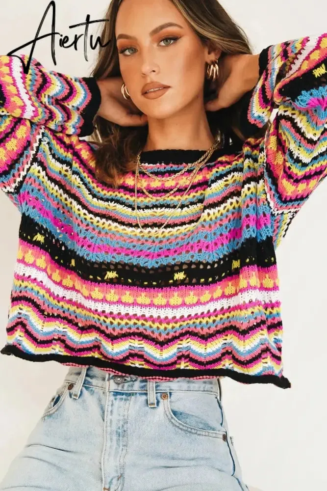 Autumn Winter Color Block Striped Sweaters Women Loose Pullover Tops Casual Long Flared Sleeves Round Collar Knit Tops