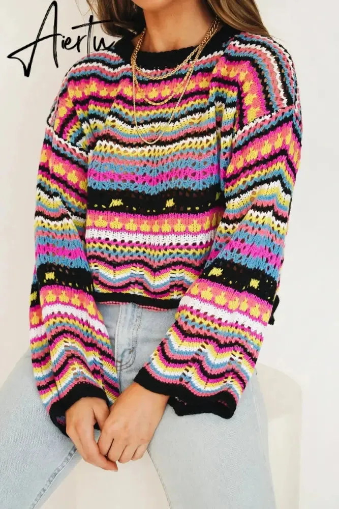 Autumn Winter Color Block Striped Sweaters Women Loose Pullover Tops Casual Long Flared Sleeves Round Collar Knit Tops