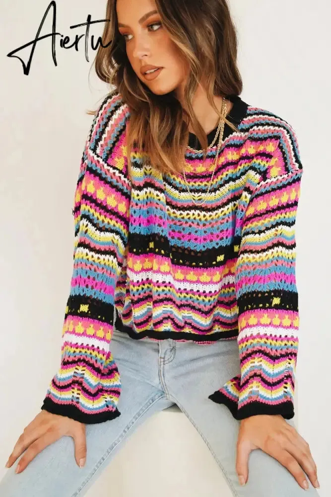Autumn Winter Color Block Striped Sweaters Women Loose Pullover Tops Casual Long Flared Sleeves Round Collar Knit Tops