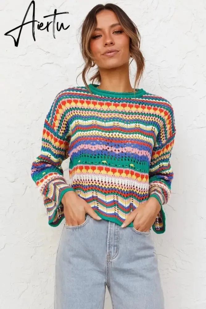 Autumn Winter Color Block Striped Sweaters Women Loose Pullover Tops Casual Long Flared Sleeves Round Collar Knit Tops