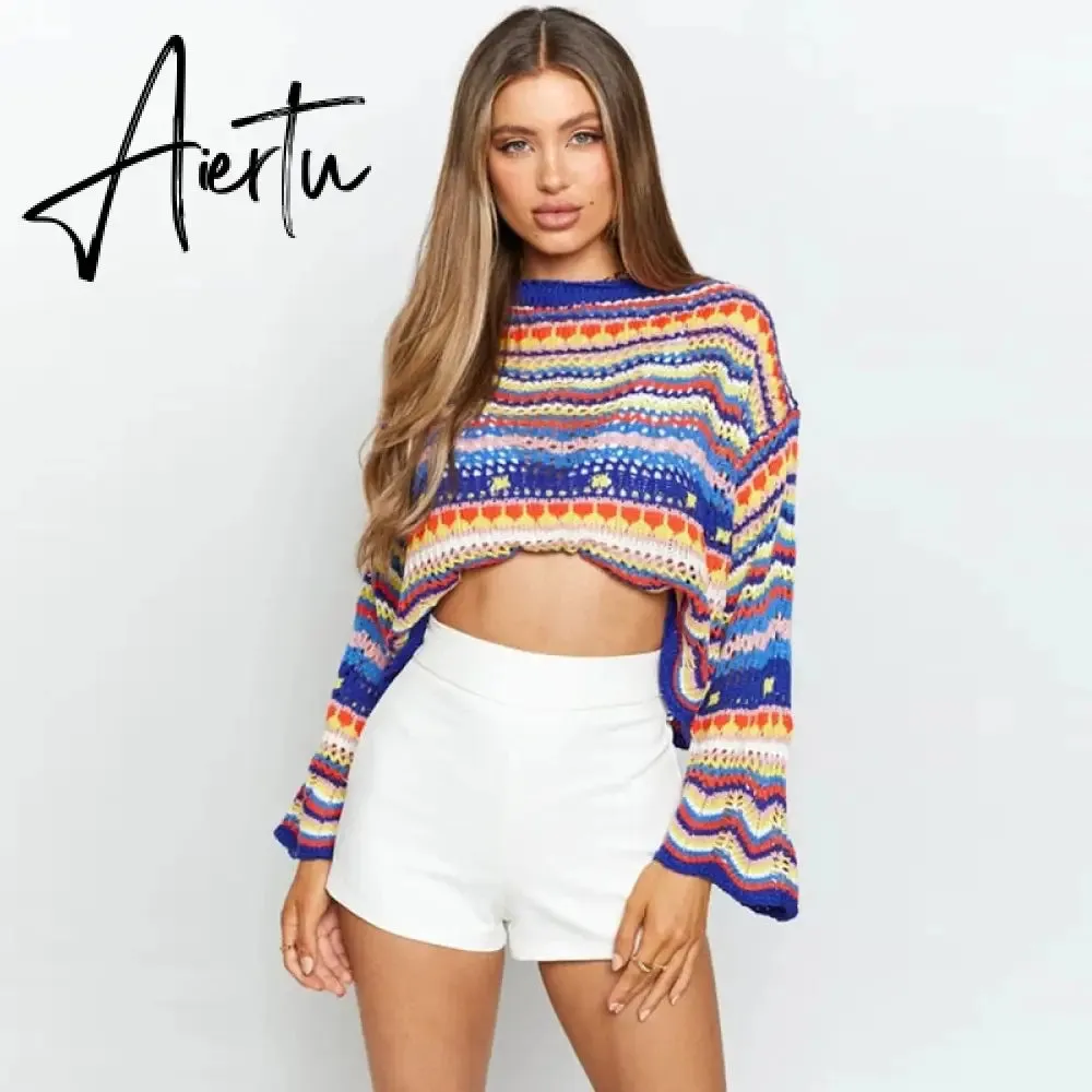 Autumn Winter Color Block Striped Sweaters Women Loose Pullover Tops Casual Long Flared Sleeves Round Collar Knit Tops