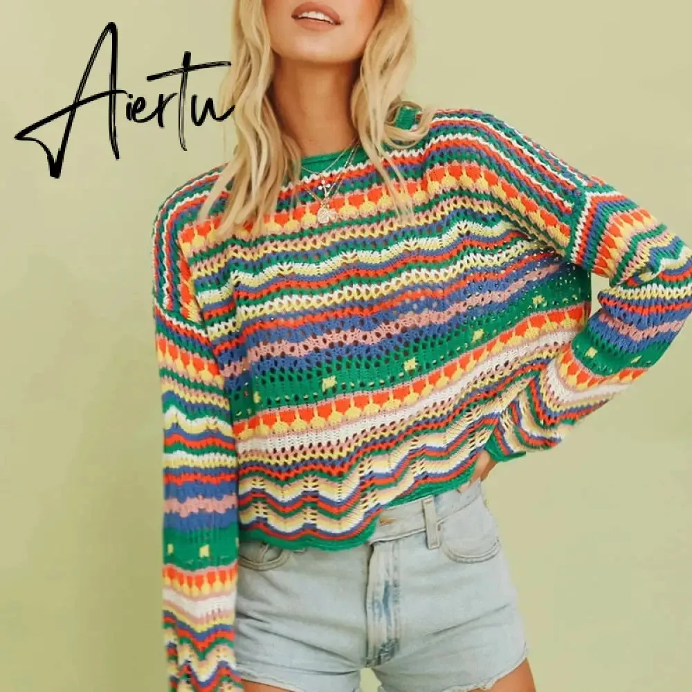 Autumn Winter Color Block Striped Sweaters Women Loose Pullover Tops Casual Long Flared Sleeves Round Collar Knit Tops