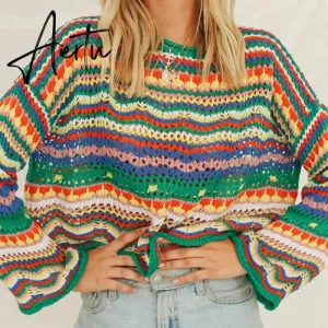 Autumn Winter Color Block Striped Sweaters Women Loose Pullover Tops Casual Long Flared Sleeves Round Collar Knit Tops
