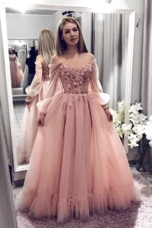 Awesome Fascinating Beautiful Blush Pink Prom Dresses With Long Sleeves A Line Elegant Evening Dress with Applique