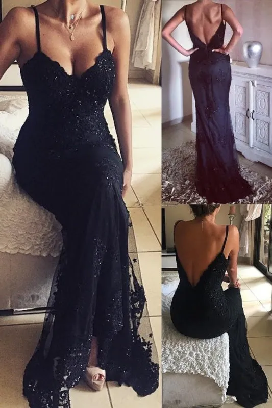 Best Elegant Marvelous Vintage Mermaid Black Long Beaded Lace Appliques V-Neck Prom Dresses