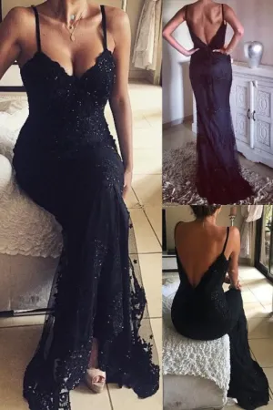 Best Elegant Marvelous Vintage Mermaid Black Long Beaded Lace Appliques V-Neck Prom Dresses