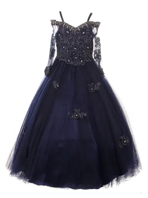 Big Girls Navy Off Shoulder Long Sleeve Rhinestone Pageant Dress 8-16