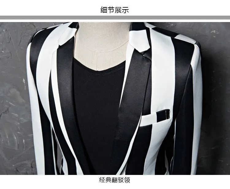 Black White Zebra Stripe Stage Costume Style Men Blazer