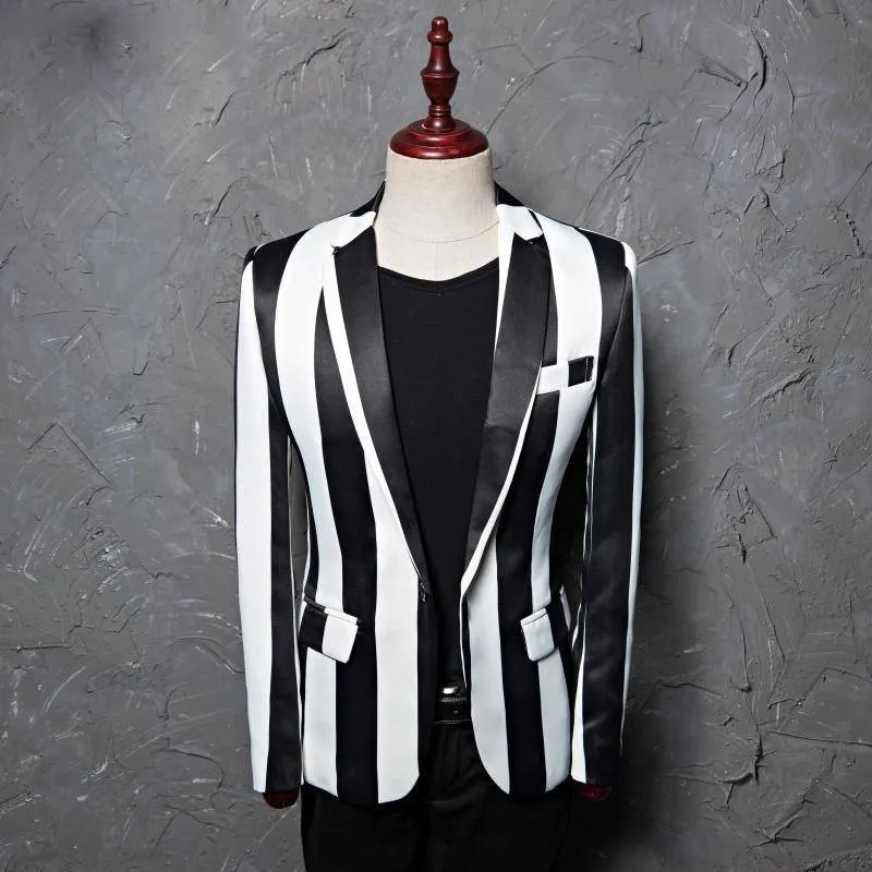 Black White Zebra Stripe Stage Costume Style Men Blazer