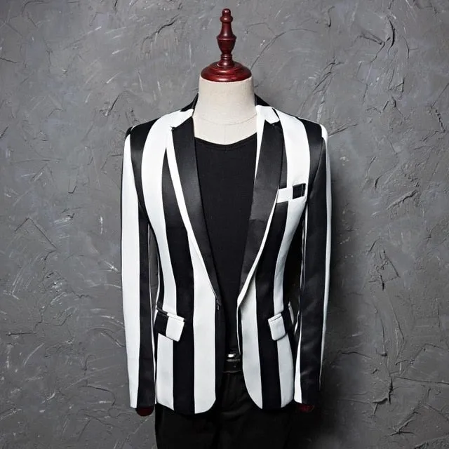 Black White Zebra Stripe Stage Costume Style Men Blazer