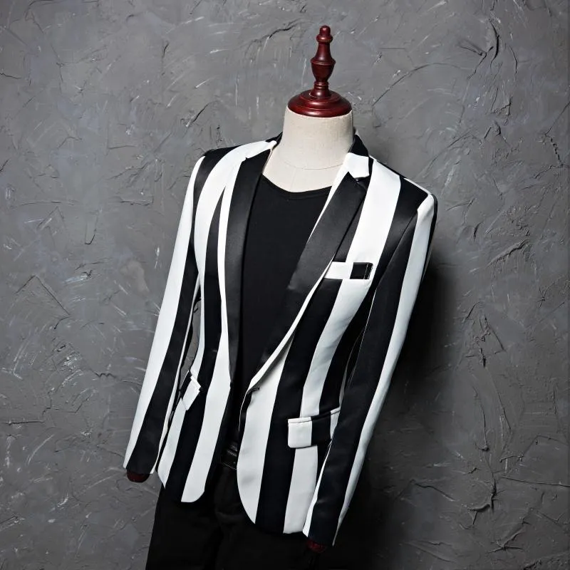Black White Zebra Stripe Stage Costume Style Men Blazer