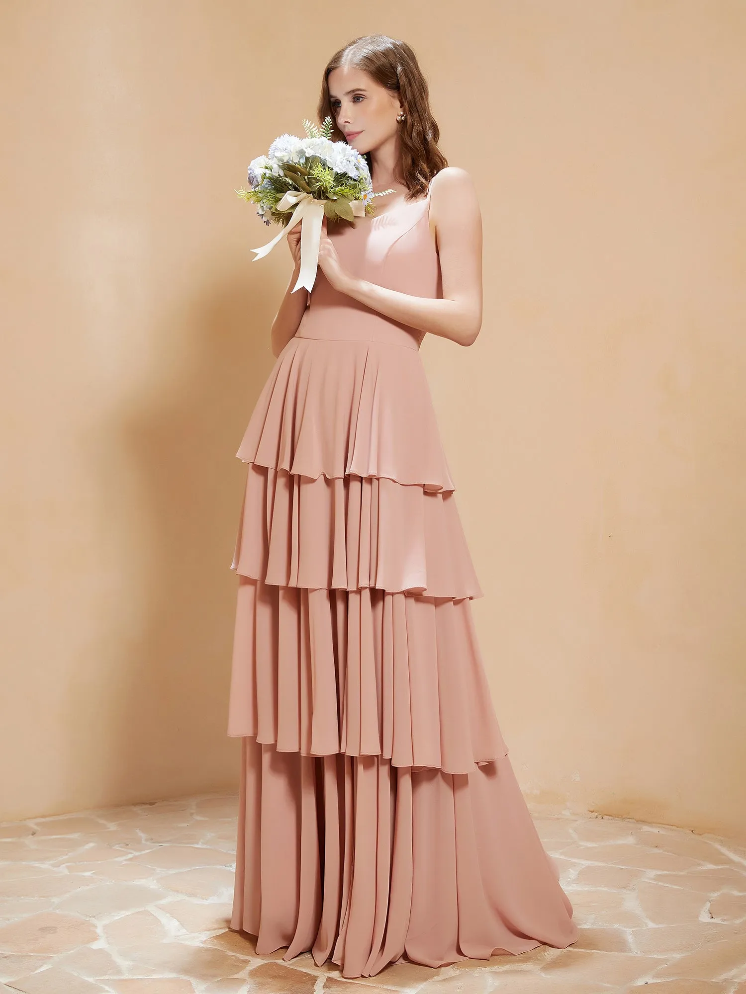 Boho V-neck Floor-length Dress Flowy Ruffles Dusty Rose
