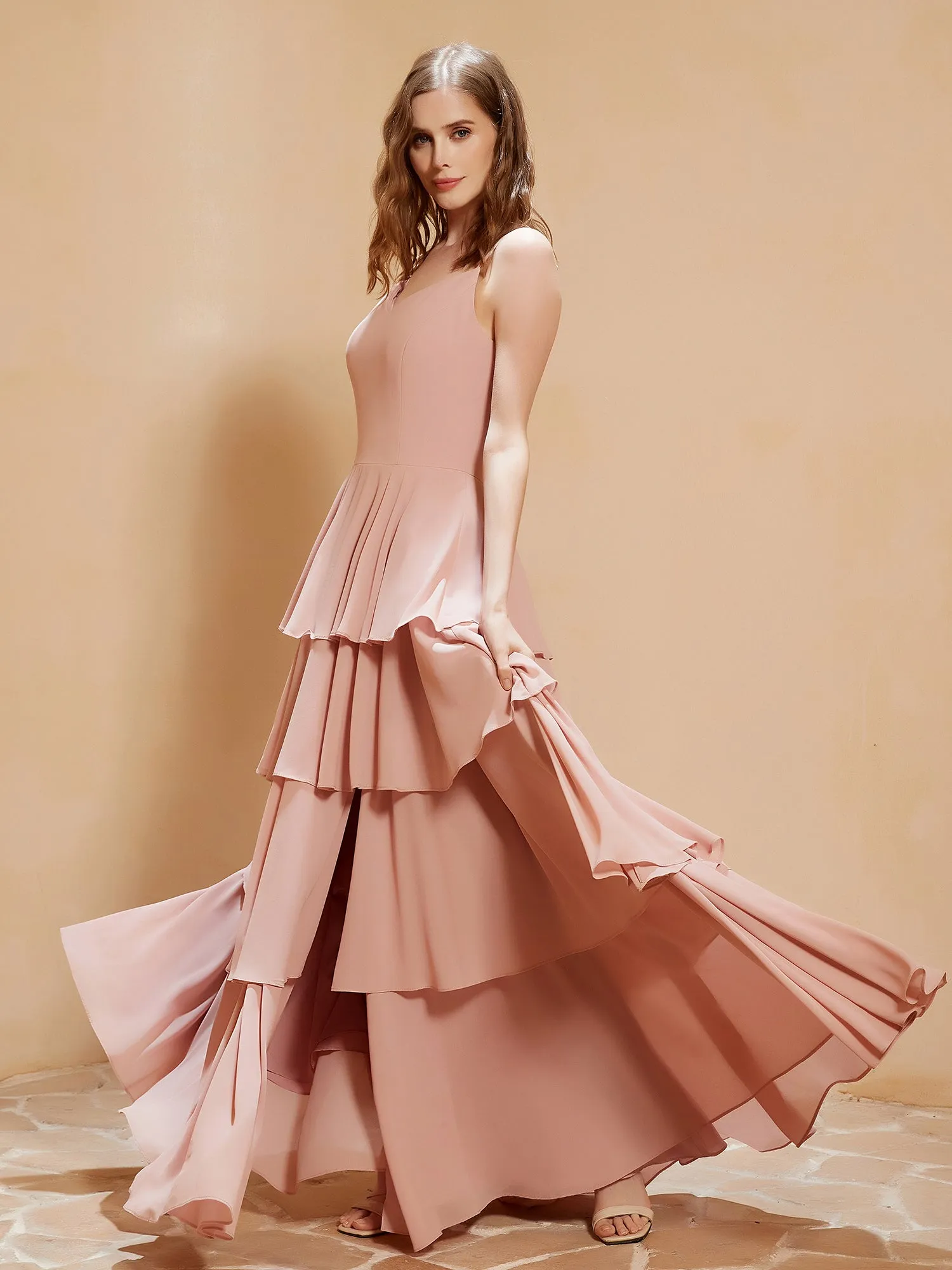 Boho V-neck Floor-length Dress Flowy Ruffles Dusty Rose